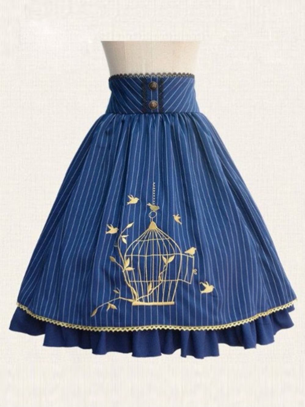 lolita navy blue birdcage skirt pinstripe ruffles buttons embroidery